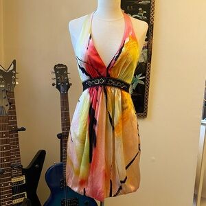 Silk halter dress in pink, orange and yellow from BCBG Max Azria. Size 0.